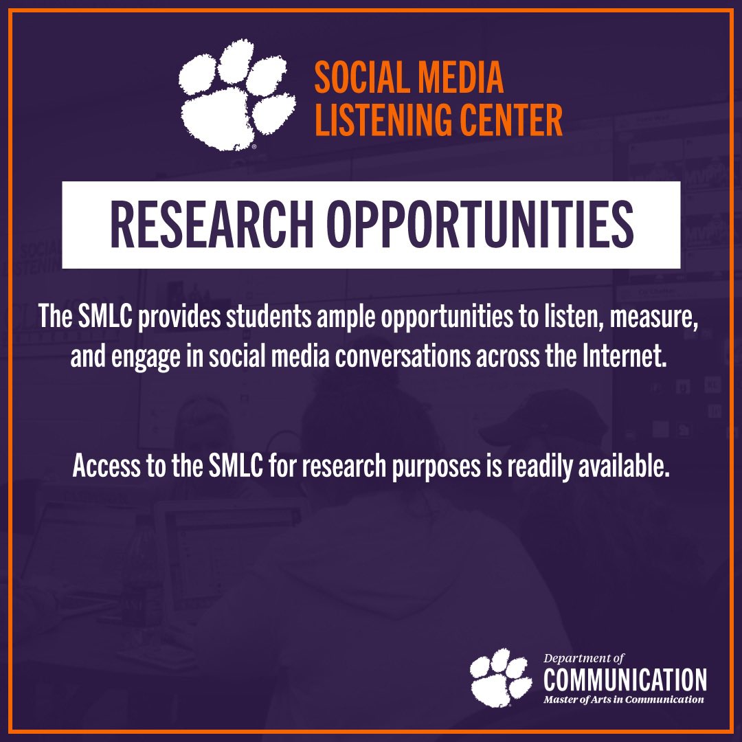 Interested in social media and online communication? One of the best resources that sets Clemson’s Department of Communication apart from the rest is the Social Media Listening Center. 

Learn how MAC students can utilize this great space during their time in the program!