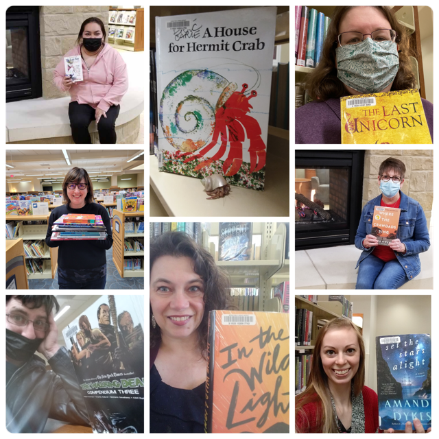 ByronLibrary's tweet photo. Today is #NationalShelfieDay! Our #ByronLibrary staff, plus Dewie our pet hermit crab, wanted a chance to feature some of our favorite books! https://t.co/wXpDg9ay42