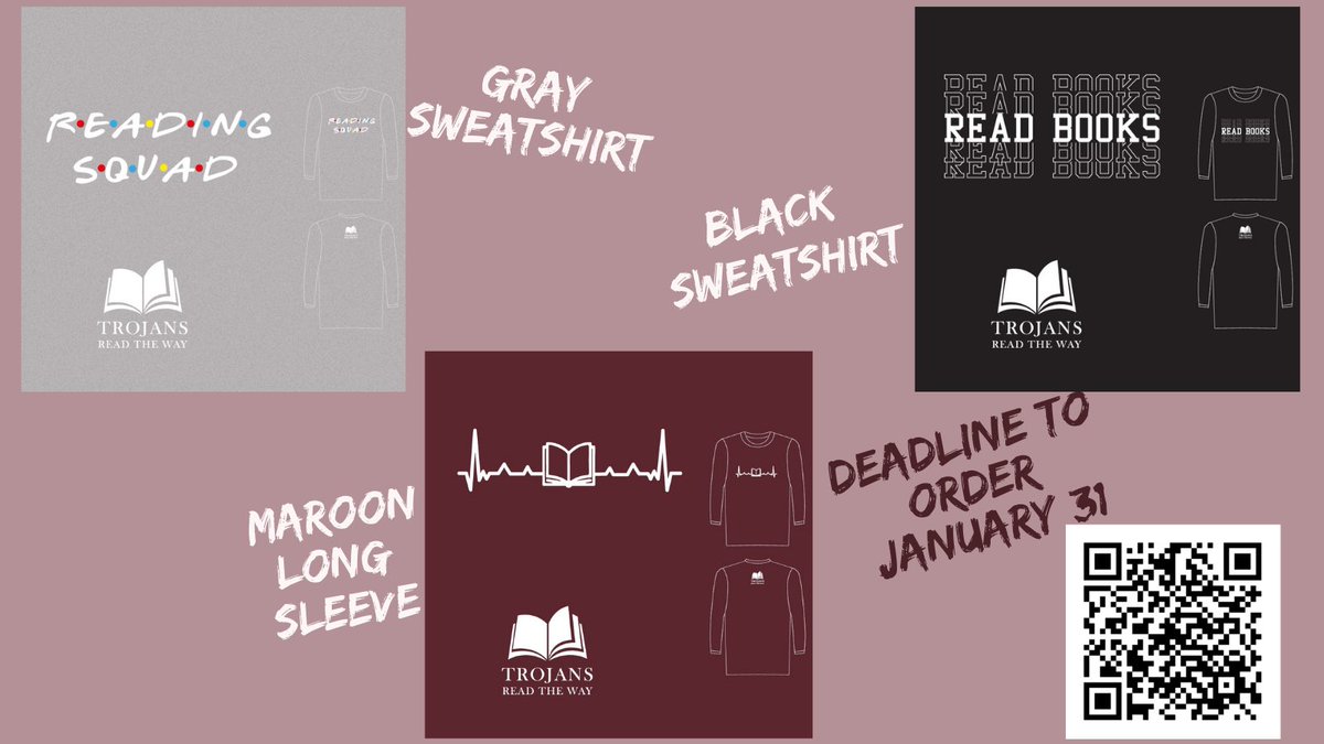 JenksReadtheWay's tweet photo. Only a few more days to order #TrojansReadTheWay shirts!
Help support TRTW - profits from our winter fundraiser go toward the operation of the Bookmobile.
Scan the QR code to order or visit our website https://t.co/gQHuTdYccp
Thank you so much for your support! https://t.co/jZBRrizL9q
