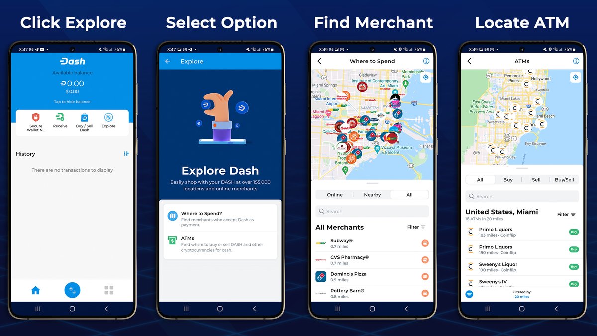 The new #DASH Explore 🧭 feature in the official <a href="/Dashpay/">Dash</a> wallet app 📲 allows users to effortlessly explore and locate nearby merchants 🛒🛍️ that accept Dash ⚡️💸 as payment and discover nearby ATMs 🏧 where users can easily buy and sell Dash.

📰 newsroom.dash.org/171328-dash-wa…