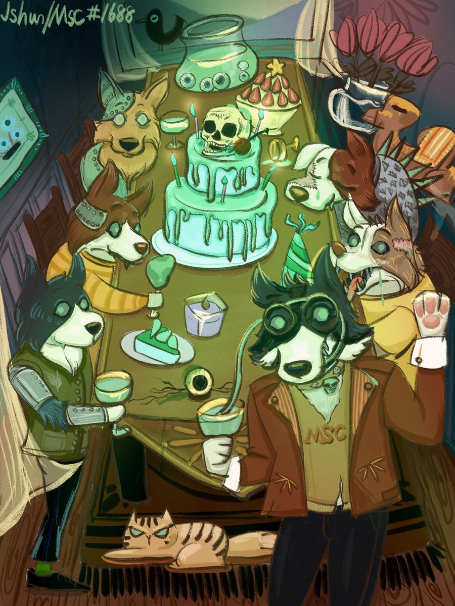 AlohaTeeshung's tweet photo. Hello!This is my new fanart. I was inspired by the MSC story.The Shiba defeated the Gode Collective so they had a party  celebrating their victory.But their appearance was changed by the Zenith Serum and they didn’t realize what were waiting for them. @MutantShibaClub https://t.co/HTejiyPL9j