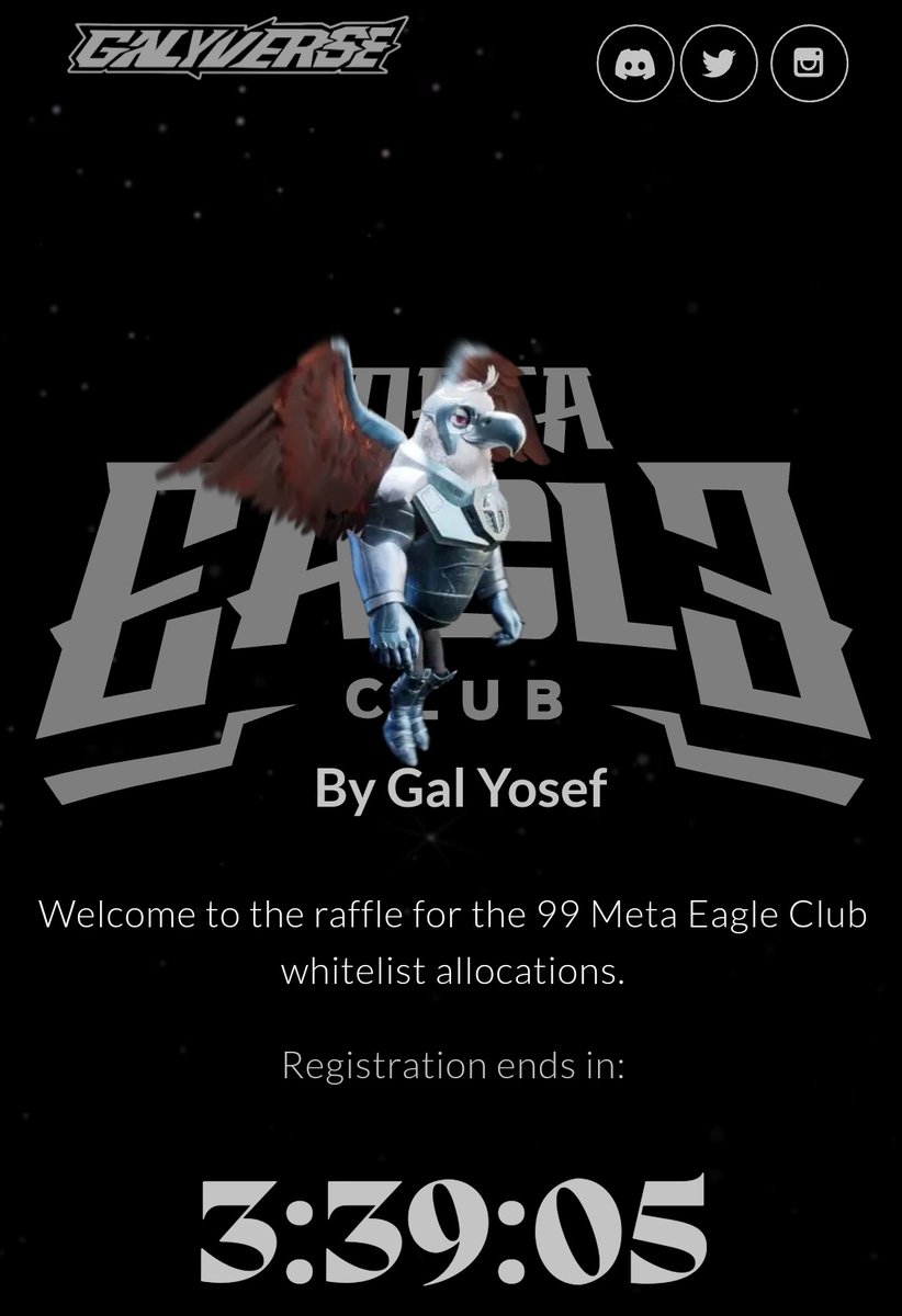 DT灯塔NFT实时情报：
一、项目：Meta Eagle Club元鹰俱乐部（今天晚上开工）
二、内容：Meta Eagle Club-GalyVerse3D老鹰由艺术家GalyArtist和伊甸园画廊EdenGallery_合作发布的nft项目，目前官网已开放并赠送99个白名单，Twitter粉丝23k，discord在线活跃人数1.5w
三、链接：https://t.co/GjqPRo4msL https://t.co/8EHZCyJY1j