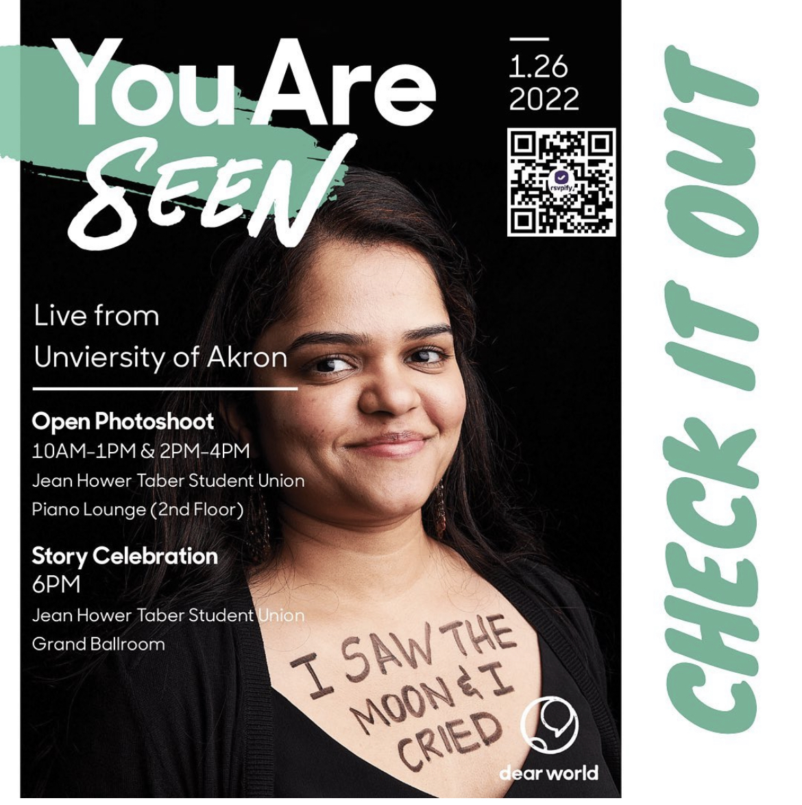 Zips! <a href="/UAStudentLife/">University of Akron Student Life</a> presents <a href="/dearworld/">Dear World</a>: an award winning storytelling project that unites people through portraits. 📸

This is happening TODAY in the Student Union Piano Lounge from 10AM-1PM and 2-4PM. Stop by and get your portrait taken! 💙💛