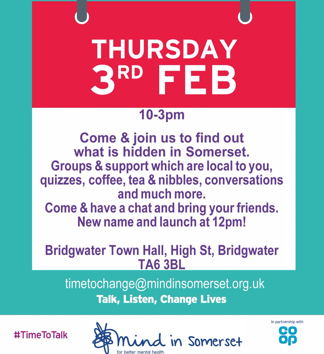 Come and join us for a chat to find out about what is hidden in Somerset.
Drop in anytime from 10-3pm on Thursday 3rd February or join us for our big announcement at 12pm- you don’t want to miss it!
For more information email timetochange@mindinsomerset.org.uk
#TimeToTalkDay