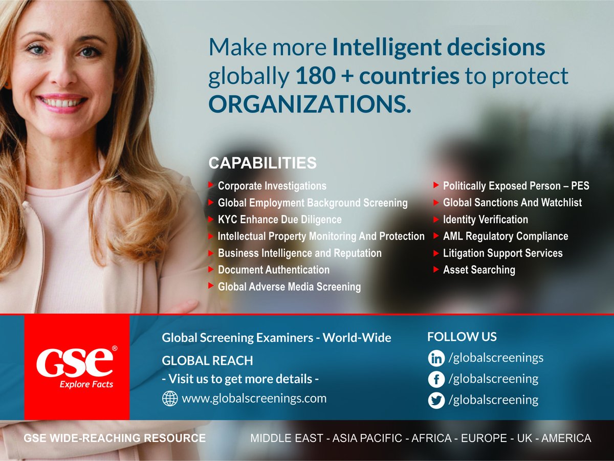 Global Screening Examiners is a global leading pre-employment background screening and #risk #consulting #company that provide #professional #services to secure #workplace and #identify #redflags issues before #onboarding and business #transactions. 

#hr
lnkd.in/ewX9A_fE