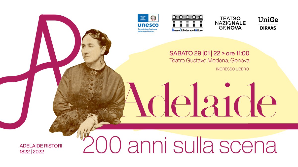 Sabato 29 gennaio 2022 alle ore 11 al Teatro Gustavo Modena di Genova, presentazione del progetto "Adelaide 200 anni sulla scena". Per accedere in Teatro sono necessari super green pass, mascherina FFP2 e prenotazione a questo link  biglietti.teatronazionalegenova.it/prenota/132699….