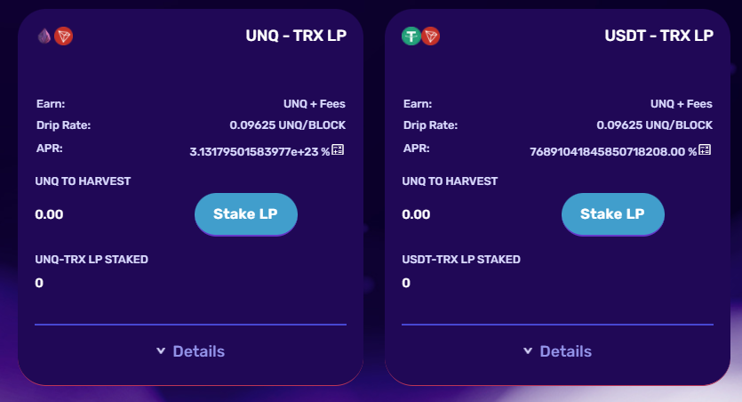 Unique_DeFi's tweet photo. Hello Unique community!

Two new farms &amp; one new pool are live!
UNIQUE/TRX,  TRX/USDT &amp; UNIQUE-UNIQUE pool.

Enjoy high APR by staking your LP tokens in one of the farms or just stake your UNIQUE tokens in pool and enjoy low risk &amp; stable rewards! https://t.co/YnKe4SpTen