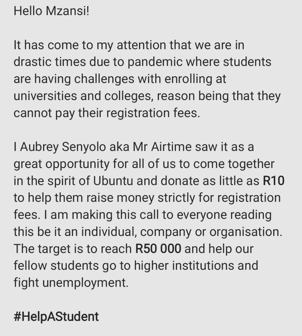 Aubrey_Senyolo's tweet photo. Let's invest in our students with good hopes. United we stand but divided we fall. 

#HelpAStudent https://t.co/FR9YGhZOFs