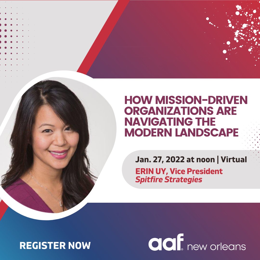 AAFNOLA's tweet photo. Our January Seminar is TOMORROW! 

Join us January 27th at noon via Zoom to hear a presentation from Erin Uy, VP at Spitfire Strategies. 

Register at the link below. All participants will receive a Zoom link tomorrow morning ahead of the presentation.

https://t.co/Nn3kFVWfqo https://t.co/0Ims2dTSt6