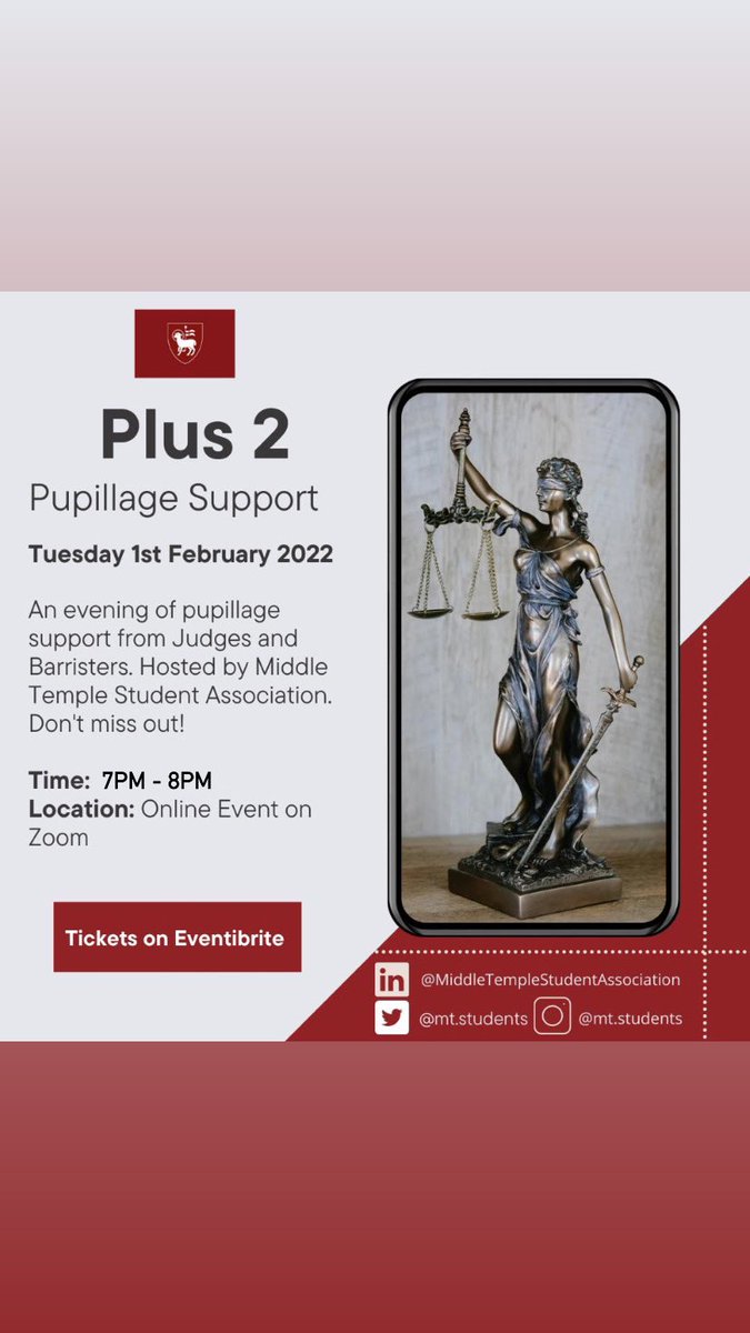 Save the date‼️
Get your ticket to our second Pupillage event of the year. 
Get top tips on pupillage applications from Judges and Barristers. A great opportunity for applicants.

🗓Tuesday 1st February 2022
⏰7-8 PM
📍ZOOM
🔗 eventbrite.co.uk/e/plus-2-pupil…