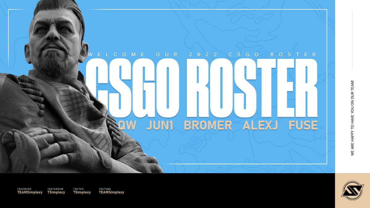 Meet our new CS:GO roster!  
Ready to represent us in the upcoming season💪

🔹Qw <a href="/qwlul/">Qwlul</a> 
🔹JuN1 <a href="/JuN1csg/">JuN1</a> 
🔹Bromer <a href="/BromerCSGO/">Jesper Bromér</a> 
🔹Alexj @alexjcsgo 
🔹Fuse <a href="/FuseCS/">Fuse</a> 

#TSITogether #CSGO