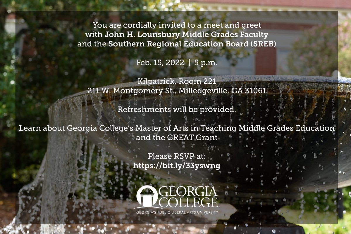 GCSUGraduateSch's tweet photo. You're invited! Learn about Georgia College's MAT in Middle Grades Education and the GREAT Grant, a living stipend of $42,000, which equals 100 percent of a first-year teacher’s salary. 
RSVP: https://t.co/OW52M0OEQs https://t.co/h1pfc2BE75
