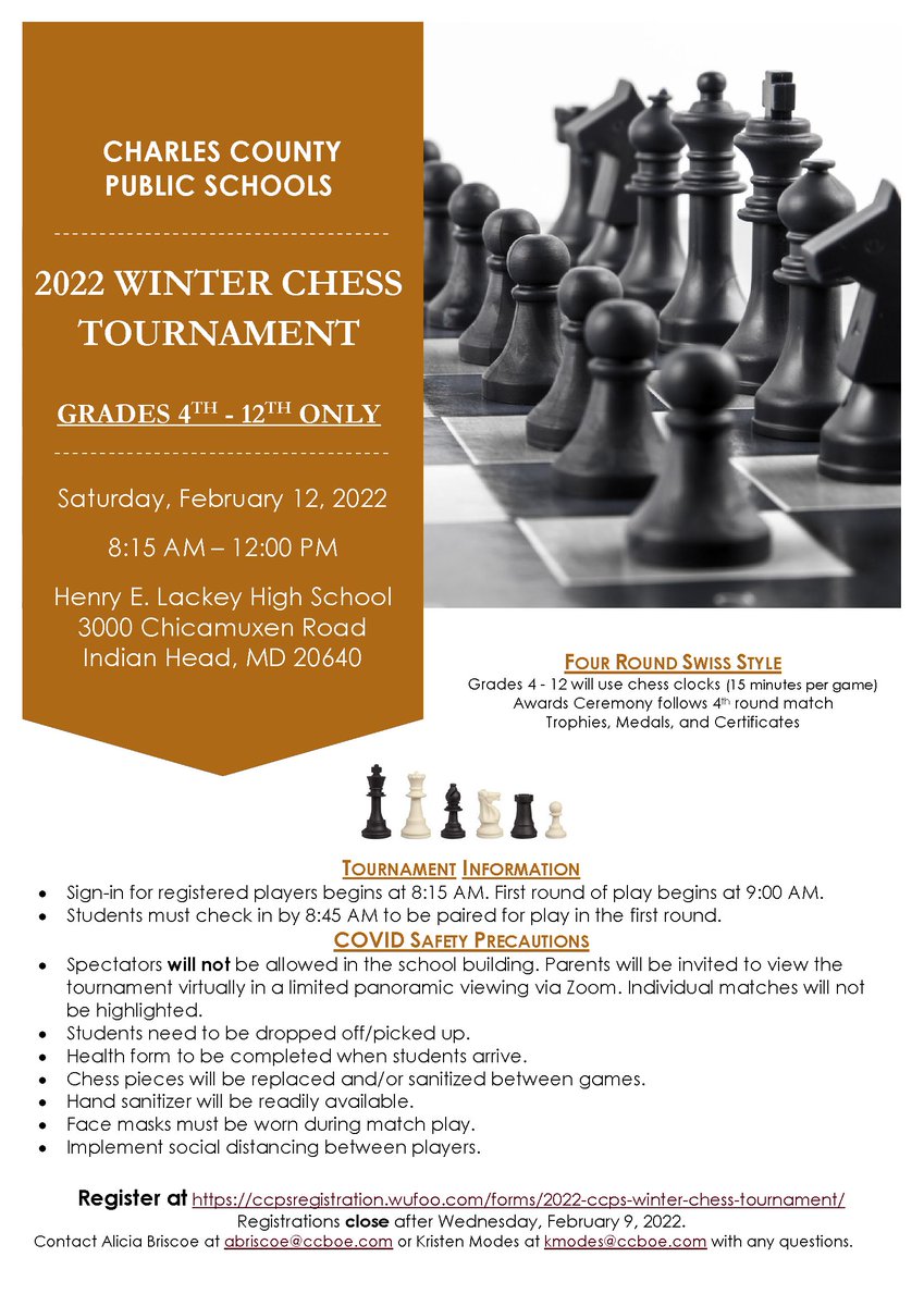 Charles County Public Schools (CCPS) is hosting its annual winter chess tournament in person at 9 a.m. on Feb. 12 at Henry E. Lackey High School. Players must register in advance to participate.

Register here: tinyurl.com/ycksxj9p
Read more here at: tinyurl.com/hcur8yyz