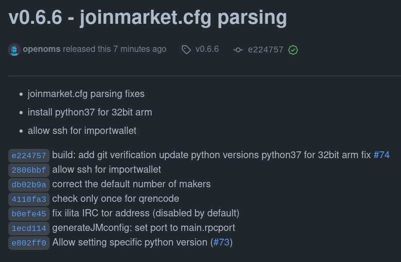 openoms's tweet photo. New release of #JoininBox: v0.6.6
* PGP verification everywhere
* fix the parsing of joinmarket.cfg on resets
* fix the python version on 32bit arm boards
https://t.co/DUG36Nden5 https://t.co/FRLIQcUsL0