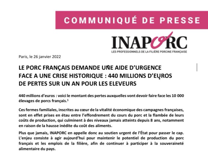Des éleveurs de porcs en grande difficulté,  440 millions de pertes sur un an : Inaporc en appelle à un soutien urgent de l’Etat pour passer le cap.
leporc.com/sites/default/…