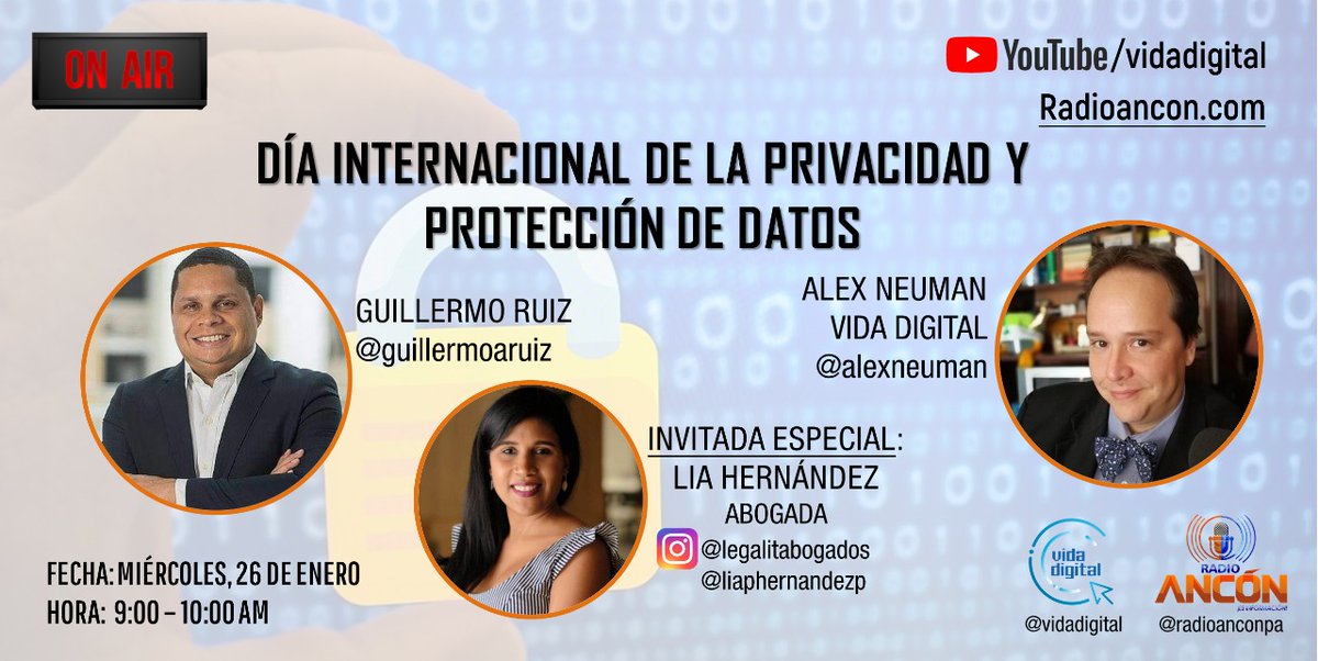 liabogadigital's tweet photo. Siempre un placer compartir con @AlexNeuman y @guillermoruiz en #LaMañana de @radioanconpa hablando sobre la celebración del Día Internacional de la Protección de Datos Personales y los avances en la materia en #Panamá. #DataProtectionDay2022 https://t.co/b3S3zffPCY