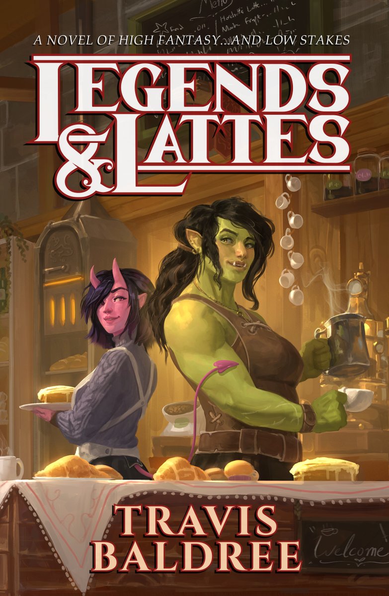 TravisBaldree's tweet image. So I wrote a novel. A cozy fantasy novel, about an orc barbarian-ess who retires to open a coffee shop. And I just got my final cover art, and I love it so, so much. Thank you @EmberWickArt!