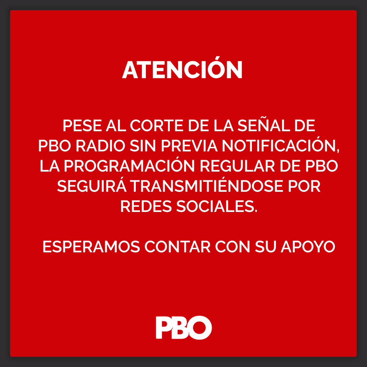PBOPeru's tweet photo. Pese al corte de la señal de PBO radio sin previa notificación, la programación regular de PBO seguirá transmitiéndose por redes sociales.

Esperamos su apoyo.
PBO EN VIVO: https://t.co/g5hCBYyV4r
#Urgente #LoÚltimo #Butters https://t.co/FvZCYNX5Fn