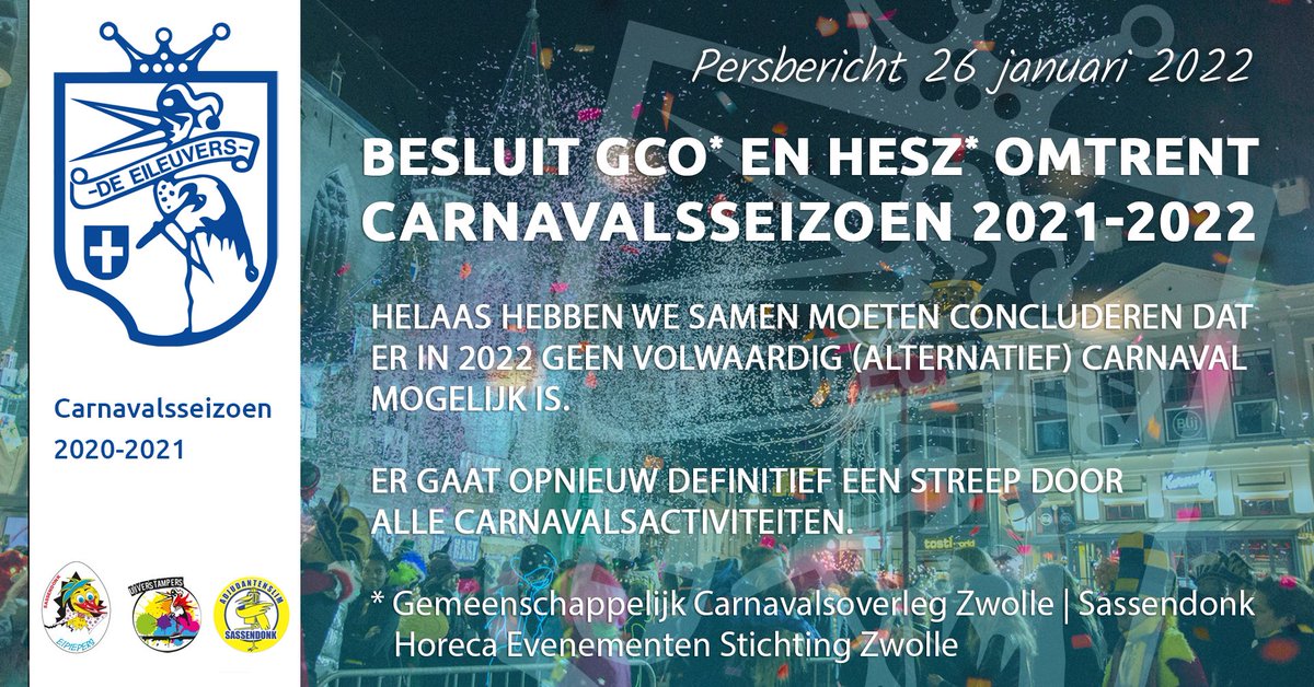 Persbericht Gemeenschappelijk Carnavalsoverleg (GCO) #Zwolle

Helaas hebben we moeten concluderen dat er in 2022 geen volwaardig (alternatief) #carnaval in #Sassendonk mogelijk is. Er gaat opnieuw definitief een streep door alle carnavalsactiviteiten.

eileuvers.nl/nieuws/laatste…