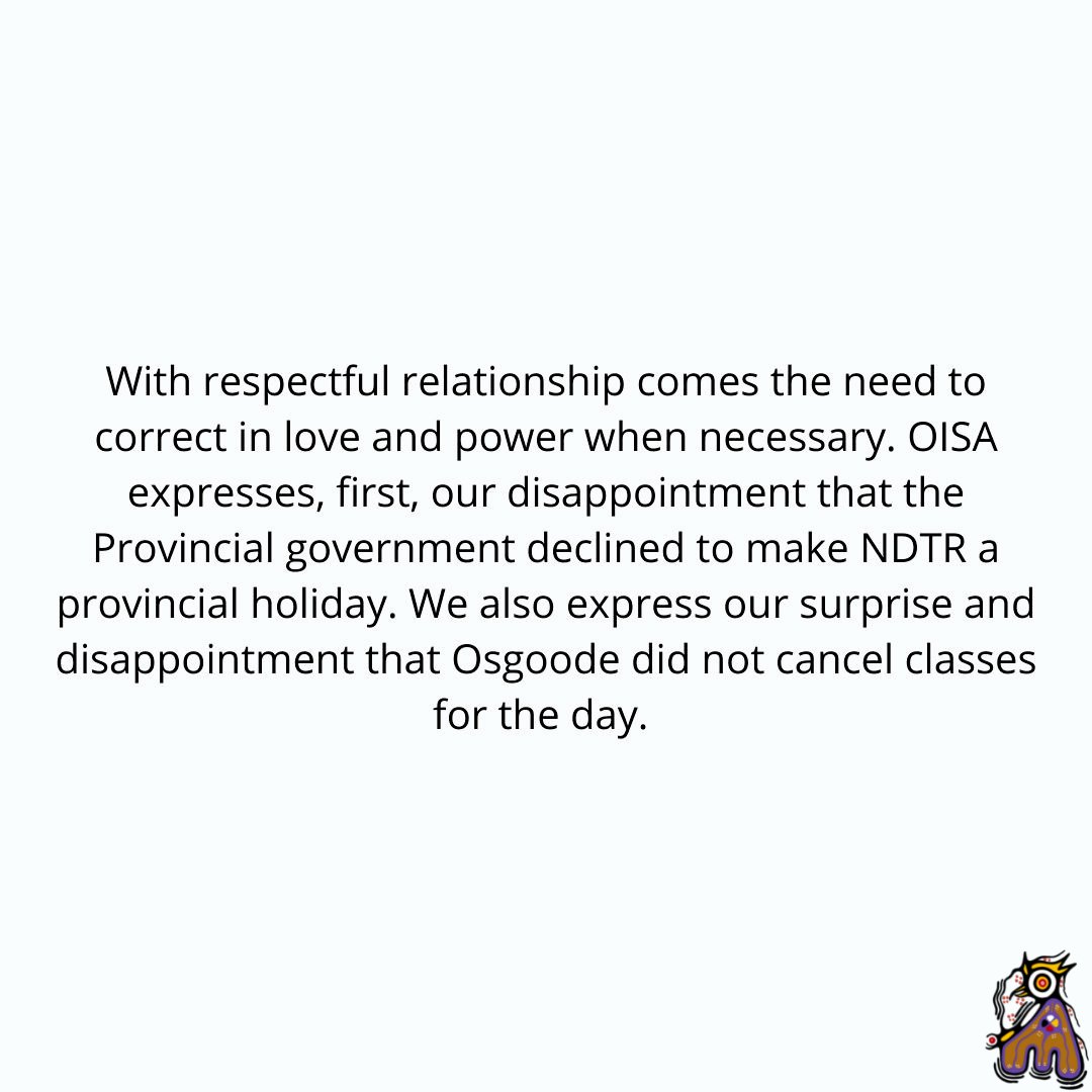 OzIndigenous's tweet photo. OISA has released our open letter to the administration and community of Osgoode Hall Law School expressing our disappointment that Osgoode did not cancel class on the National Day of Truth and Reconciliation, and asking that class be cancelled in the future (1/2) https://t.co/jQO4MG8AT4