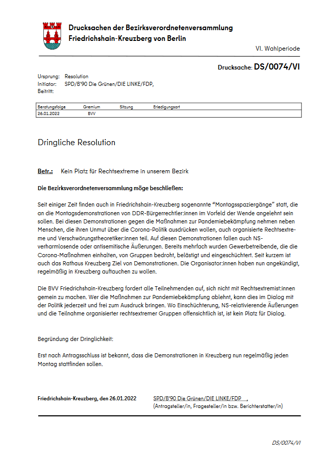 Zur #BVVXhain bringen wir gemeinsam mit <a href="/GrueneXhain/">Grüne Xhain</a>, <a href="/LinkeXhain/">Linksfraktion Friedrichshain-Kreuzberg</a> und <a href="/fdpxhain/">FDP Friedrichshain-Kreuzberg</a> noch eine Resolution ein: "Kein Platz für Rechtsextreme in unserem Bezirk".