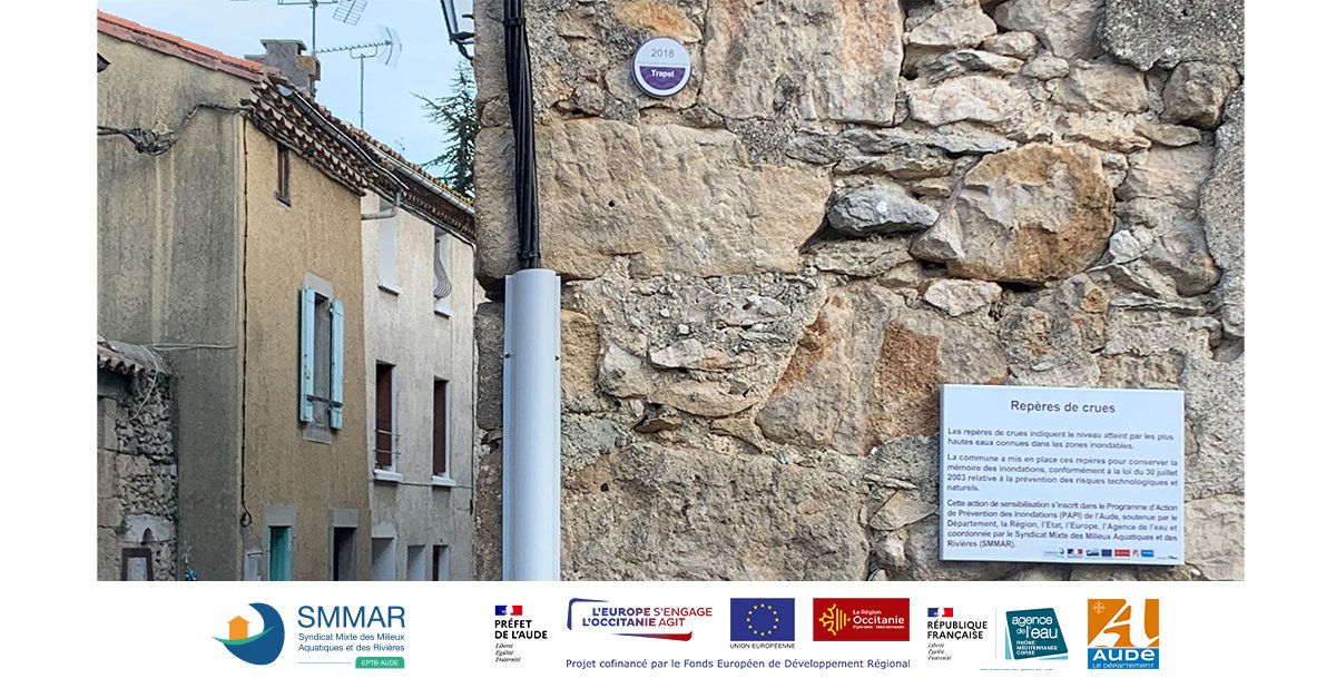 Repère de crue à Aragon, action réalisée dans le cadre du PAPI qui bénéficie du financement de l'Europe, de l'Etat, de la Région Occitanie et des Départements
Photographie prise par l'Indépendant