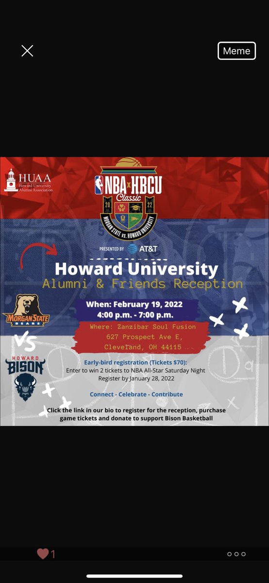 Calling All Bison! Register by 1/28 to be entered to win 2 tickets to NBA All-Star Saturday Night.
Link for reception registration/donation:  bit.ly/3r2HlHD
Link for game/other NBA tickets: on.nba.com/3r3nUi3
Link for HU Basketball donation: bit.ly/3KW2GKS