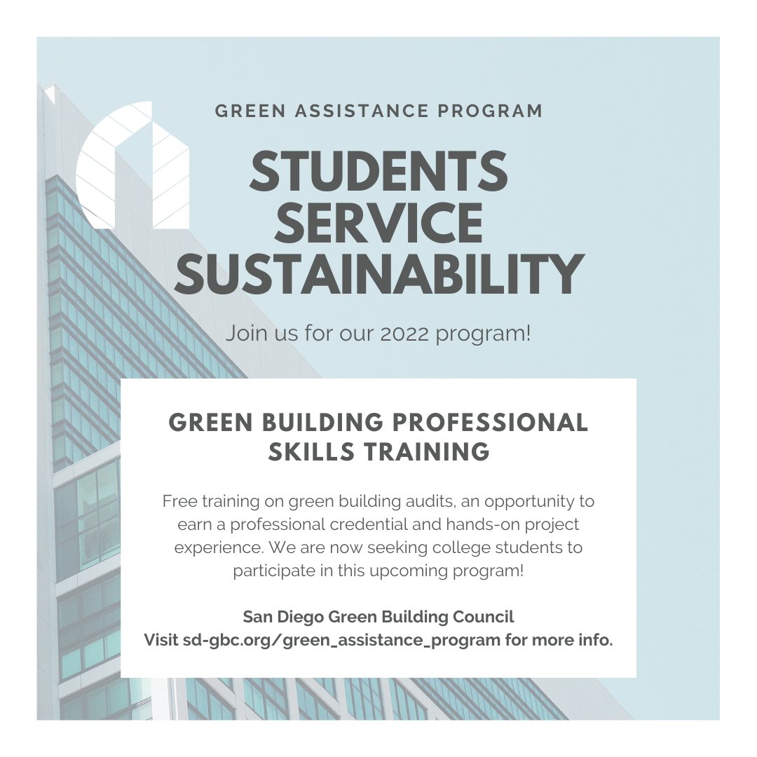 SD_GBC's tweet photo. Are you a student interested in developing professional green building skills? Then you can apply for our GAP S3 program!
Sign up today with the link or share with a student who may be interested: https://t.co/NuK9ZeyRFs.
#sdgbc #sustainability #ClimateAction #GreenBuilding https://t.co/QRU6PTxpDD