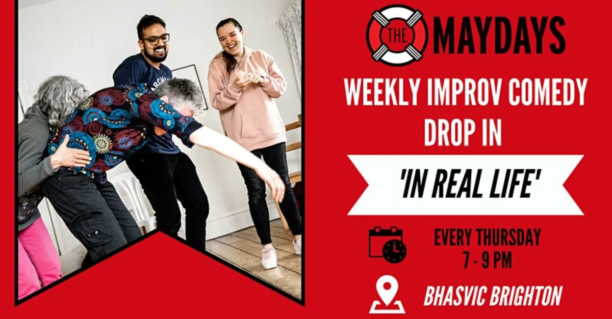 maydaysimprov's tweet photo. We're back in Brighton for our 'IN REAL LIFE' drop-in. It is a wide ability class, so everyone is welcome! Every Thursday from 2nd FEBRUARY 7-9pm Brighton 😎
Grab your spot here: https://t.co/2E57KrOjrO
#BrightonImprov #ImprovInRealLife #improv #ImprovComedy #ImprovClasses https://t.co/QI7bzi84Ya