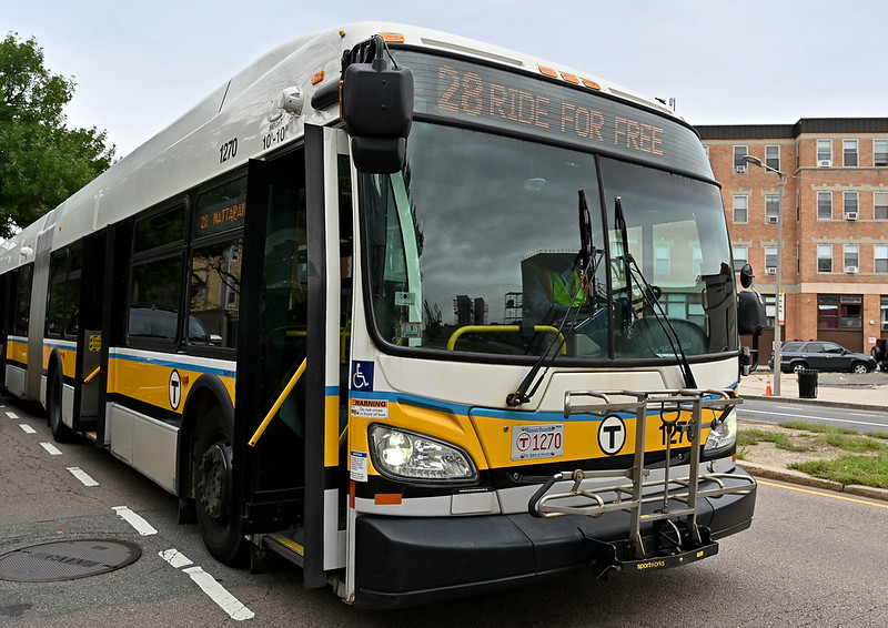close up of Boston MBTA bus 28 with notice "Ride for free" 