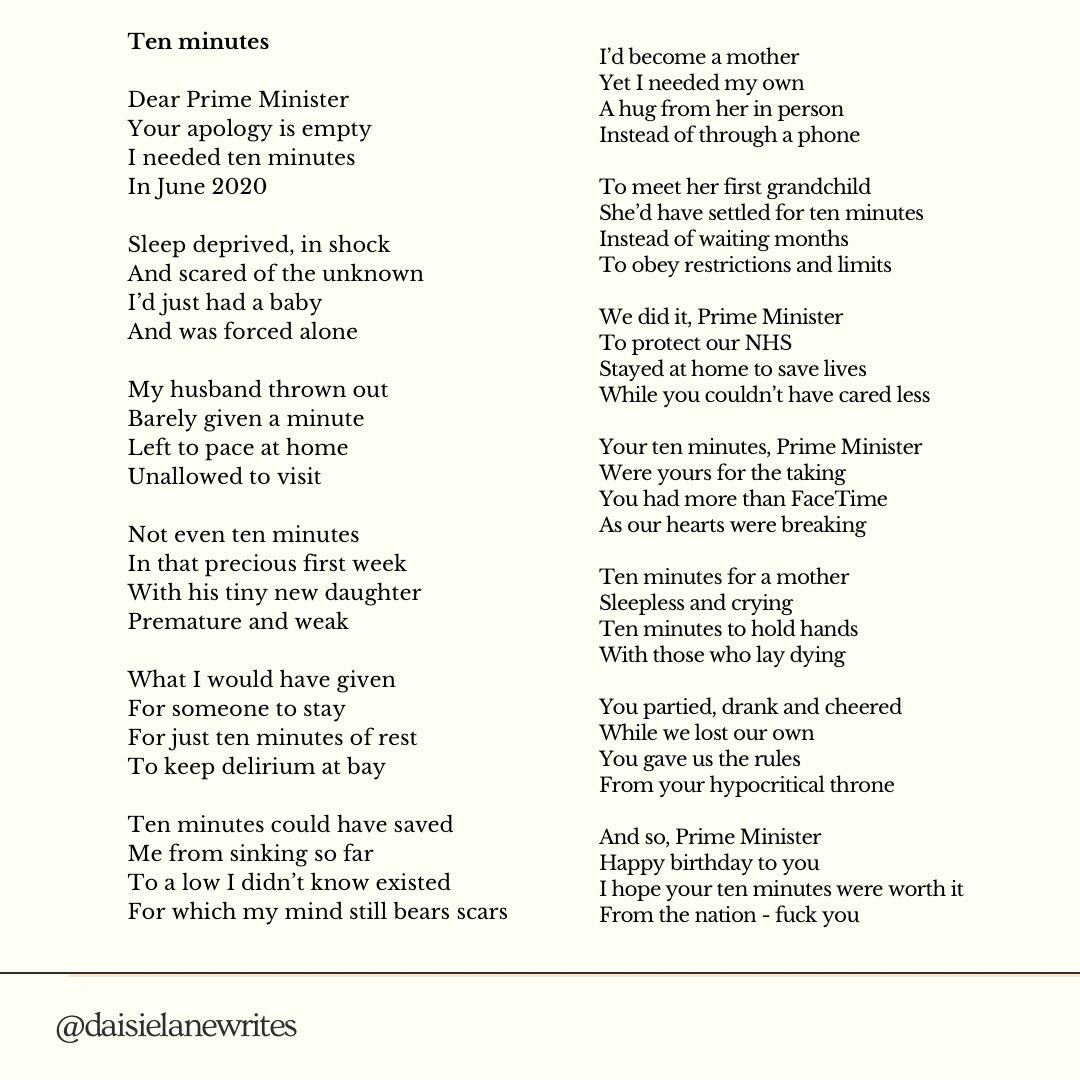 I write poems about the highs and lows of motherhood. The first lockdown is where my journey as a new Mum started.
This one’s for you <a href="/BorisJohnson/">Boris Johnson</a> 👍🏻

#BorisJohnsonResign #HasHeGoneYet #DowningStreetParties #BorisTheLiar #birthdayparty #BorisBirthdayBash #mumpoet