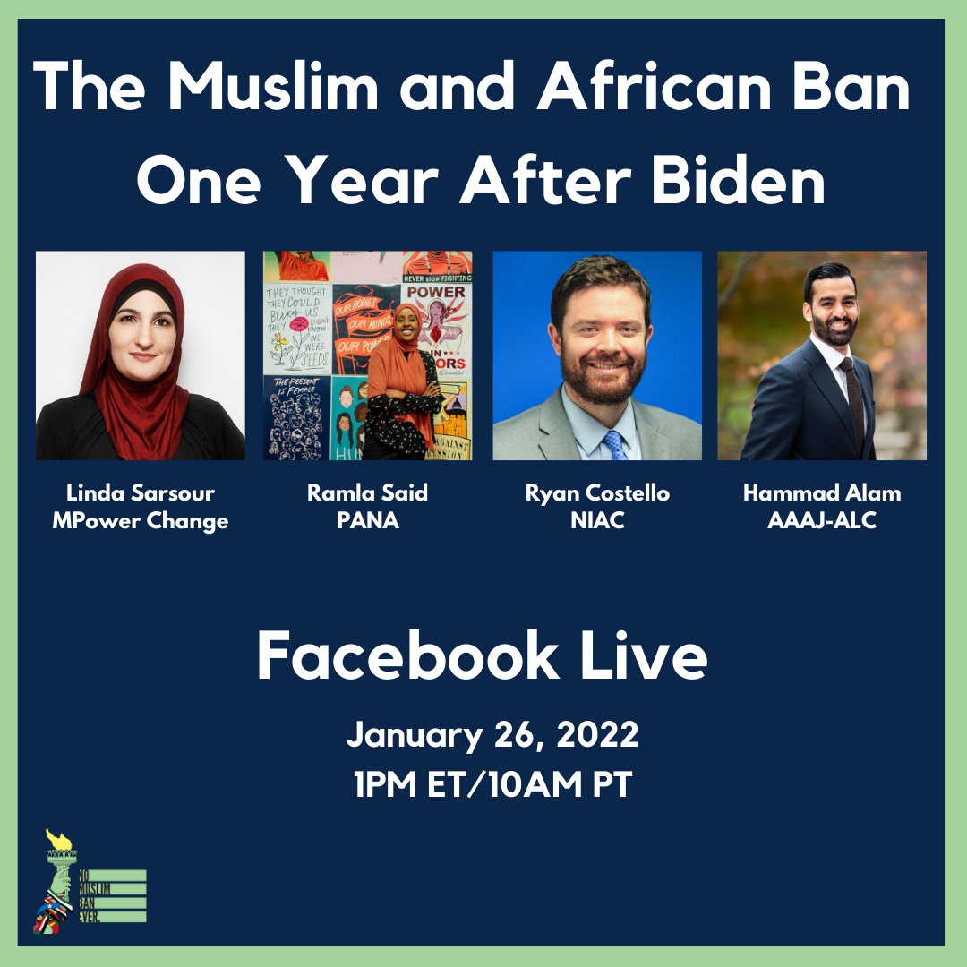 NILC's tweet photo. It's been one year since @POTUS rescinded Trump's #MuslimBan.

Tune in to our live event TODAY at 1:00 PM ET to learn about how the bans are *still* harming our communities &amp; the necessary actions the Biden administration must take now.

📩RSVP: https://t.co/zaZz1Av5Ct https://t.co/FDN50E7x9k