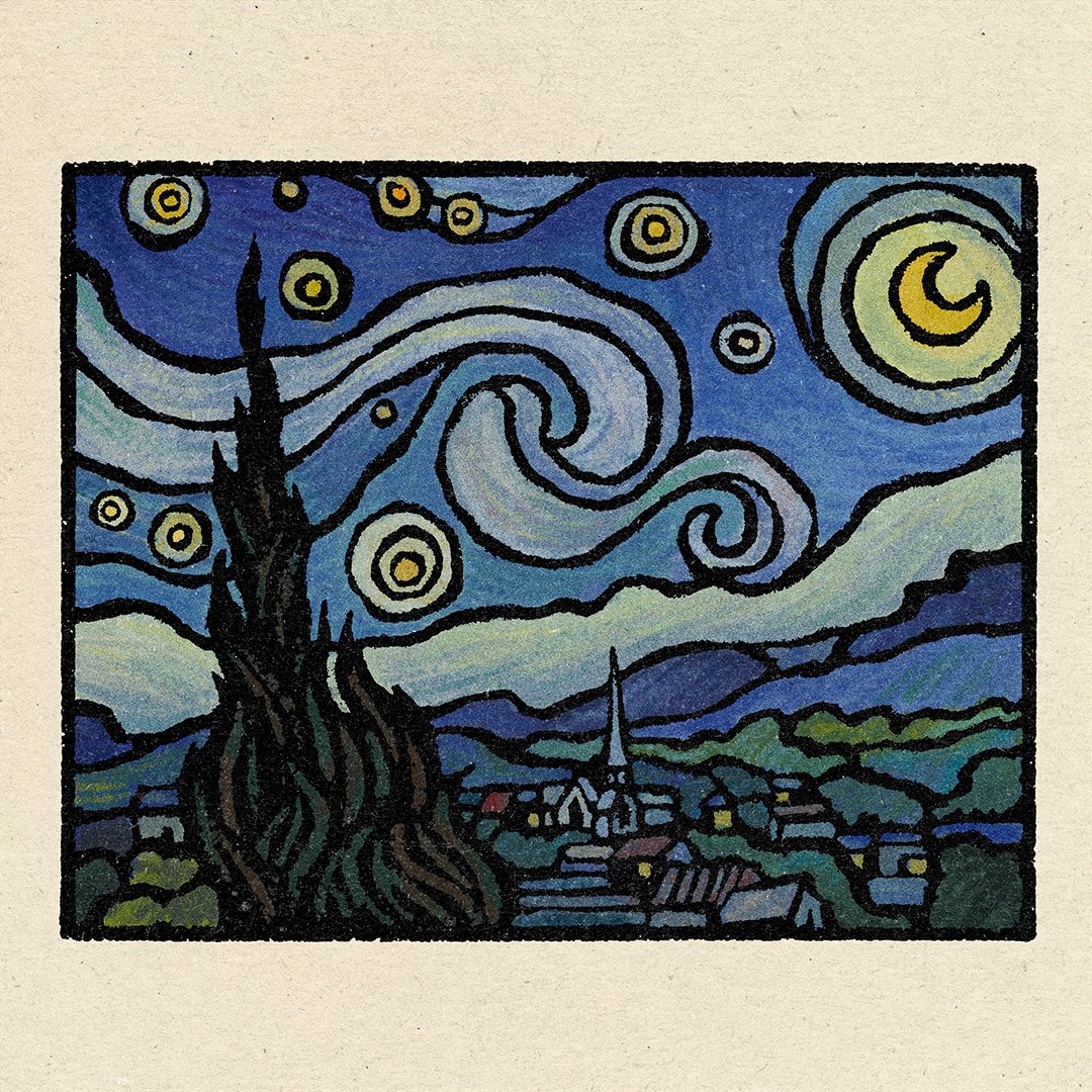 ddccad's tweet photo. Starry Night ✷☾ A stylized study of Van Gogh's original. Perfect when you're feeling low energy, but still want to create. https://t.co/dZImCjqSVo