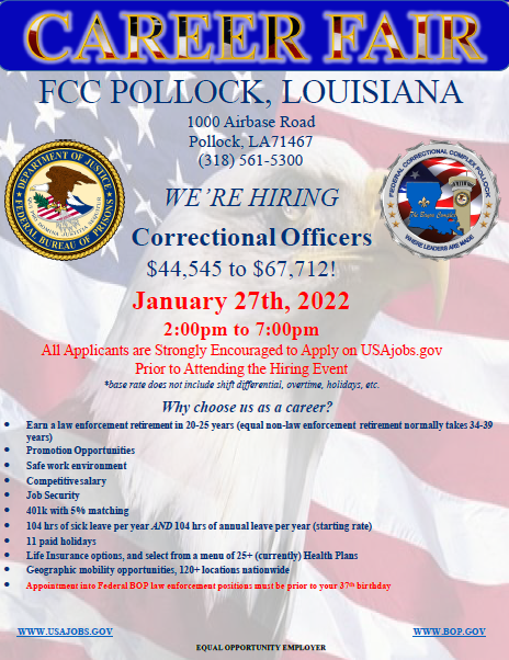 Federal Bureau of Prisons Career Connections on Twitter: "FCC Pollock is  hiring Correctional Officers! Come meet with recruiters tomorrow to learn  more about a rewarding career in law enforcement, competitive salaries,  promotional