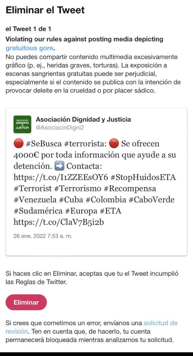 @TwitterEspana ha suspendido nuestra cuenta de Dignidad y Justicia <a href="/AsociacinDigni2/">Asociación Dignidad y Justicia</a> por ofrecer 4000 euros por información q lleve a la detención de etarras. ¿Por qué no ha suspendido nunca la cuenta del terrorista <a href="/ArnaldoOtegi/">Arnaldo Otegi 🔻</a> y su grupo parlamentario <a href="/EHBilduCongreso/">EH Bildu Congreso - Senado</a> ?