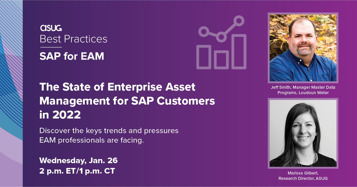 ASUG_SAPEAM's tweet photo. Transitioning to #cloudstorage and adopting mobile tech come with challenges. Today, join #ASUG Research Director Marissa Gilbert and Loudon Water’s Manager of Master Data Programs Jeff Smith for a webcast on the latest #EAM research: https://t.co/nVtR8WLgln #BPEAM https://t.co/Zp6sxbzB0c