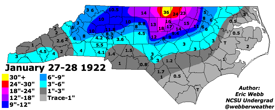 webberweather's tweet image. Around this date 100 yrs ago, the greatest single-storm snowfall total ever observed east of the mtns in NC occurred in Roxboro, where ~ 36" of snow fell during the infamous Jan 1922 Knickbocker Storm. 

#ncwx