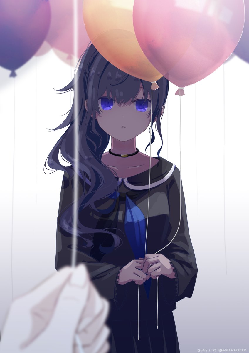1girl balloon blue eyes holding long hair looking at viewer holding balloon  illustration images