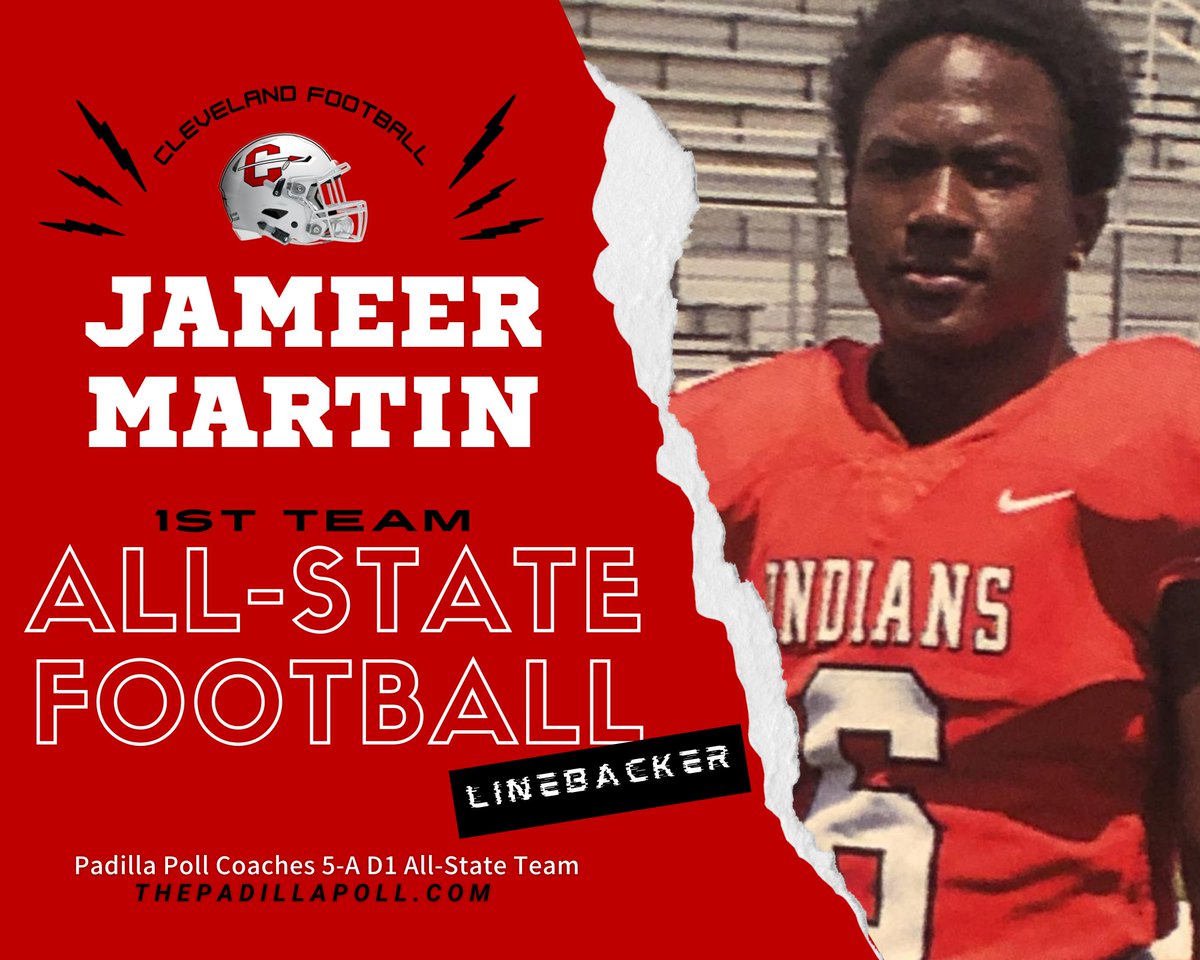 Congrats to <a href="/jameer_martin/">Jameer Martin</a> for being named to the <a href="/padillapoll/">Carl Padilla</a> Coaches Poll 5A D1 All-State Team! Incredible job this year and only a JUNIOR. Definitely a bright future for an outstanding student athlete.
<a href="/cisd_sports/">Cleveland ISD Sports</a> 
<a href="/ClevelandISDTX/">Cleveland ISD</a> 
<a href="/WEARECHSINDIANS/">Cleveland High School Indians</a> 
<a href="/GPowersScout/">Greg Powers 🏟️</a>