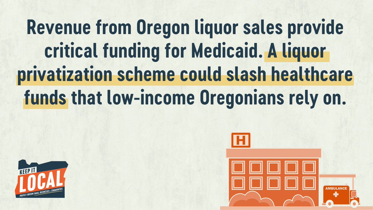 KeepItLocalOR's tweet image. Revenue from liquor sales helps fund Medicaid, helping low-income Oregonians access care through the Oregon Health Plan. That funding could be in serious jeopardy if a ballot measure to privatize liquor passes. Rejecting Initiative Petition 35 protects funding for healthcare.