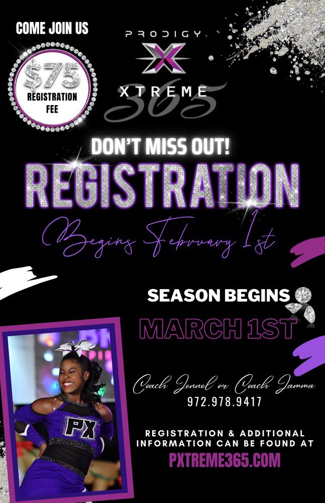 JamNicJay's tweet photo. Are you wanting to be a part of the Prodigy Xtreme 365 family next season? Registration Opens February 1st! 💜🖤🤍💜🖤🤍

@365Xtreme https://t.co/SGr5FOKM6C