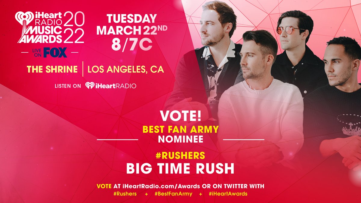 iHeartRadio's tweet image. ❤️ @bigtimerush ❤️

Vote using these hashtags: #Rushers #BestFanArmy #iHeartAwards 

And vote on: iHeartRadio.com/Awards