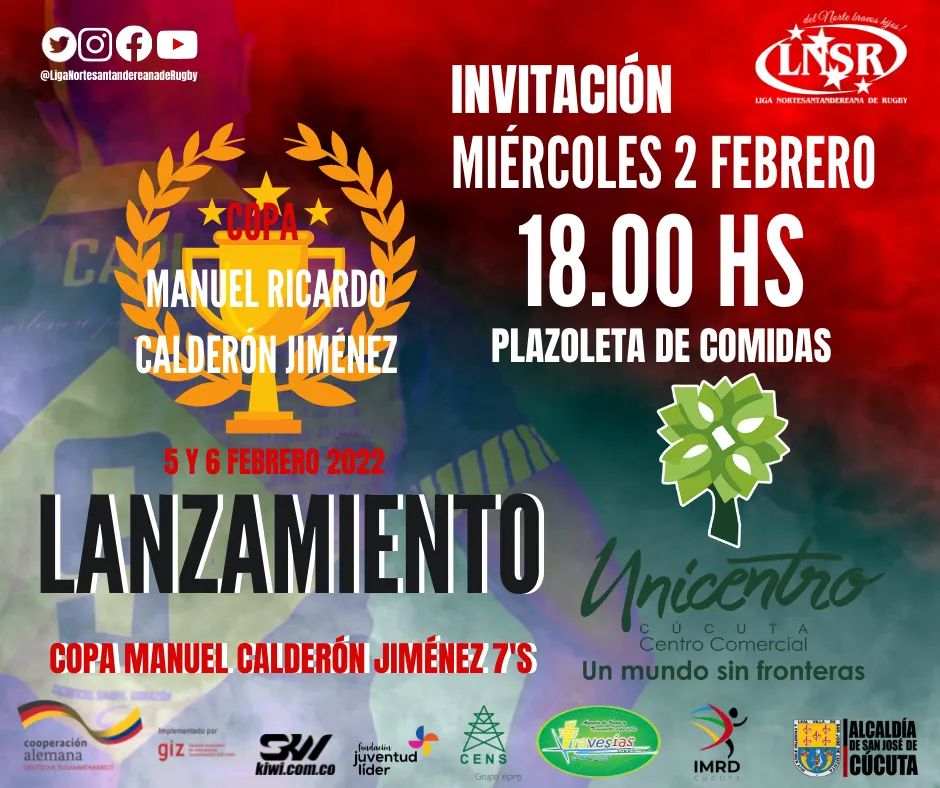#competenciaslnsr2022 📣🔴⚫🔥🏉

Este Miércoles 2 de febrero a las 18.00Hs se llevará a cabo el lanzamiento del torneo Copa Manuel Calderón jiménez 2022.

El Lanzamiento se realizará  en el Unicentro Cúcuta en la Plazoleta de comidas.

#DelNorteBravosHijos #RugbyNorte #Empujamos