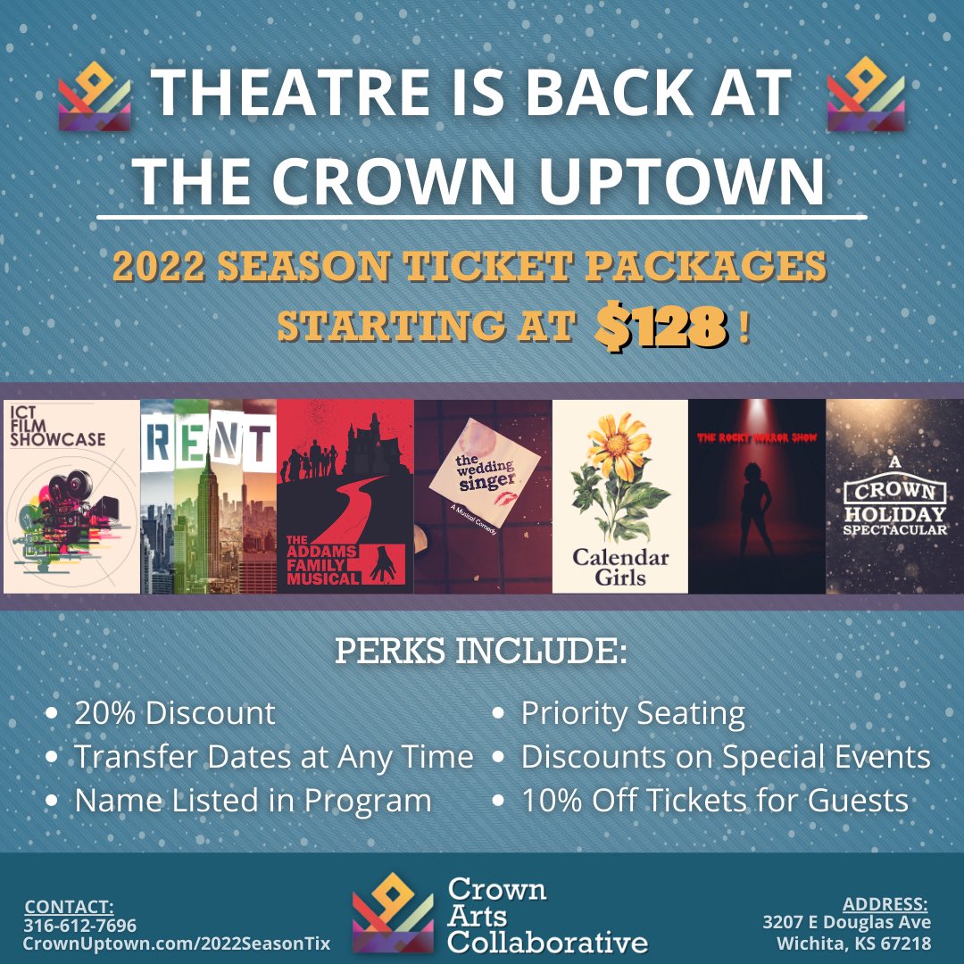 🎭 SUBSCRIBE, SAVE &amp; SUPPORT🎭

Our 2022 Season Tickets come with all kinds of perks! We even have monthly payment options available to ensure that there are as few barriers as possible for those who want to support!

🎟 crownuptown.com/2022seasontix
📞 (316) 612-7696