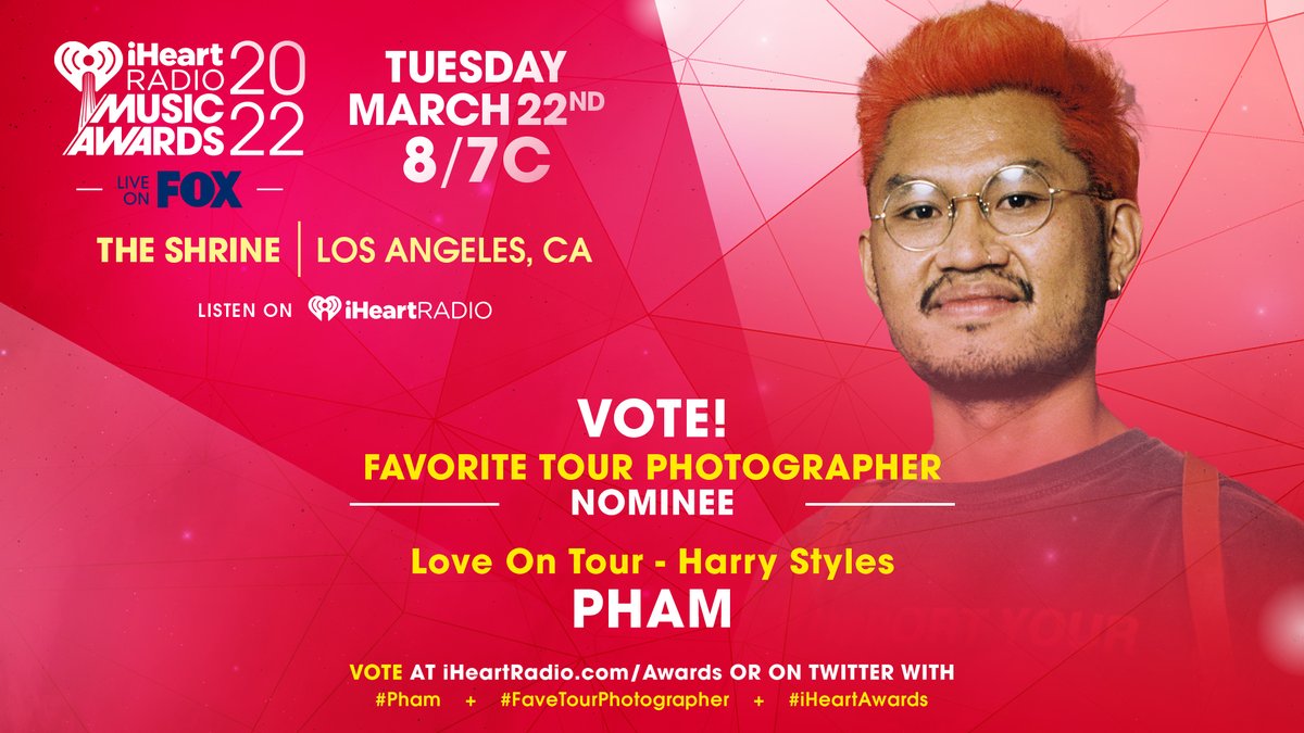 📷 Pham x <a href="/Harry_Styles/">Harry Styles.</a> 📷

Vote using these hashtags: #PHAM #FaveTourPhotographer #iHeartAwards 

And vote on: iHeartRadio.com/Awards