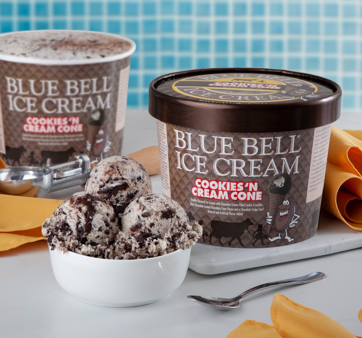 ILoveBlueBell's tweet photo. Cookies ’n Cream Cone Ice Cream is back! The flavor is a creamy vanilla ice cream combined with chocolate crème filled cookie crumbles, chocolate cone pieces coated in dark chocolate and a chocolate fudge sauce. Available in the half gallon and pint sizes for a limited time. https://t.co/QKx79OzeGT