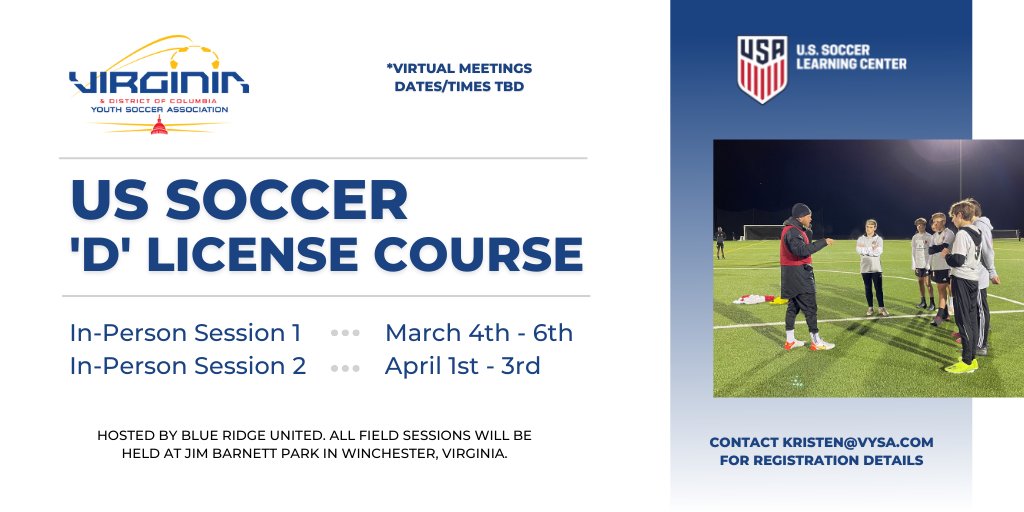 Continue your coaching education this spring! Sign up today for our US Soccer 'D' License, hosted by <a href="/BlueRidgeUnited/">Blue Ridge United</a>!

 Visit vysa.com/coachingeducat… or contact Kristen@vysa.com to learn more.