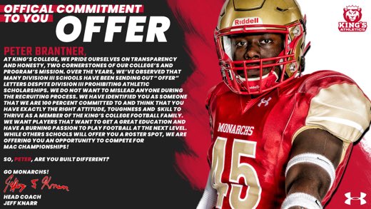 PeterBrantner1's tweet photo. After such a fantastic visit, I feel blessed to have received an offer from King’s College. Thank you @jeff_knarr @Coach_Bakanas @KingsCollegeFB https://t.co/ugKD60zp5e