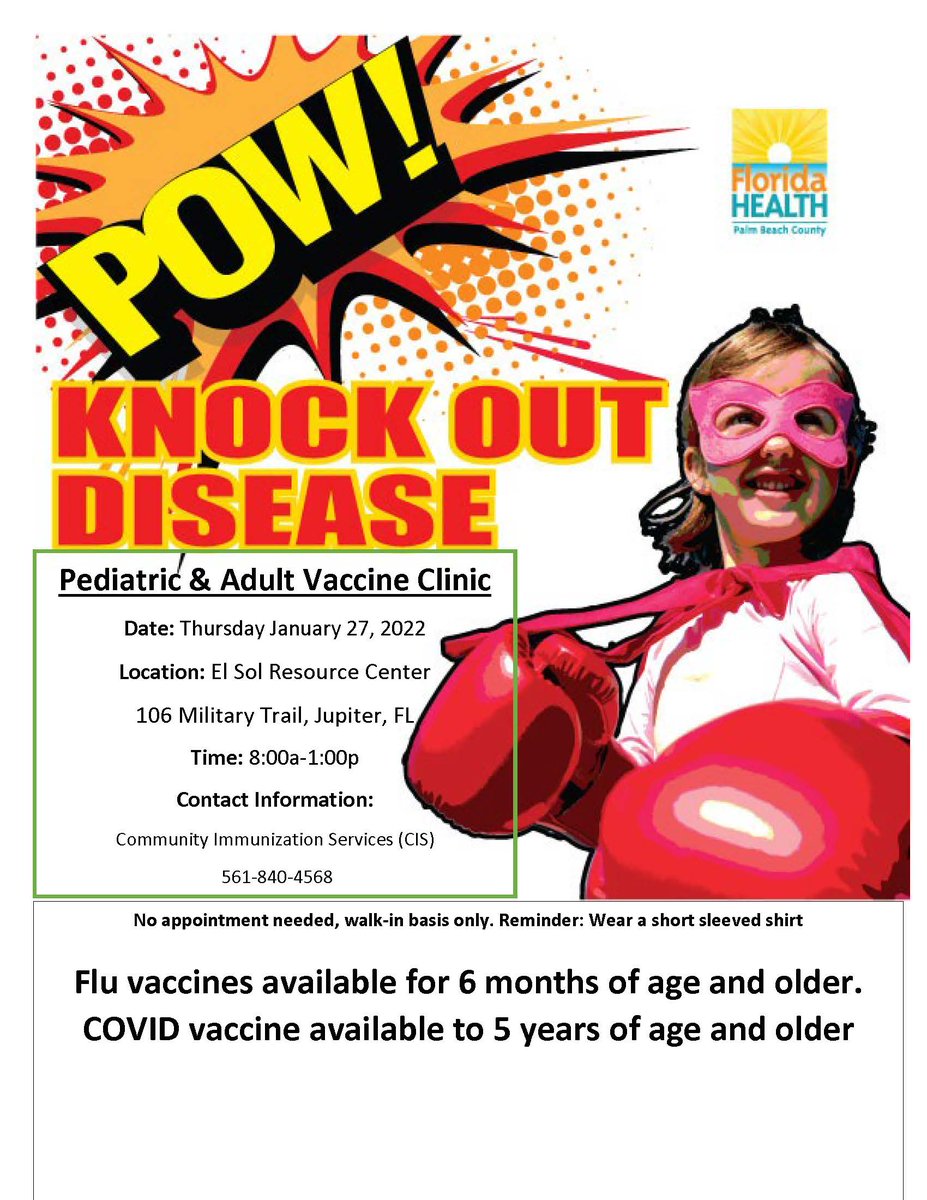 We hope to see you at the Pediatric &amp; Adult Vaccine Clinic tomorrow at El Sol starting at 8AM!